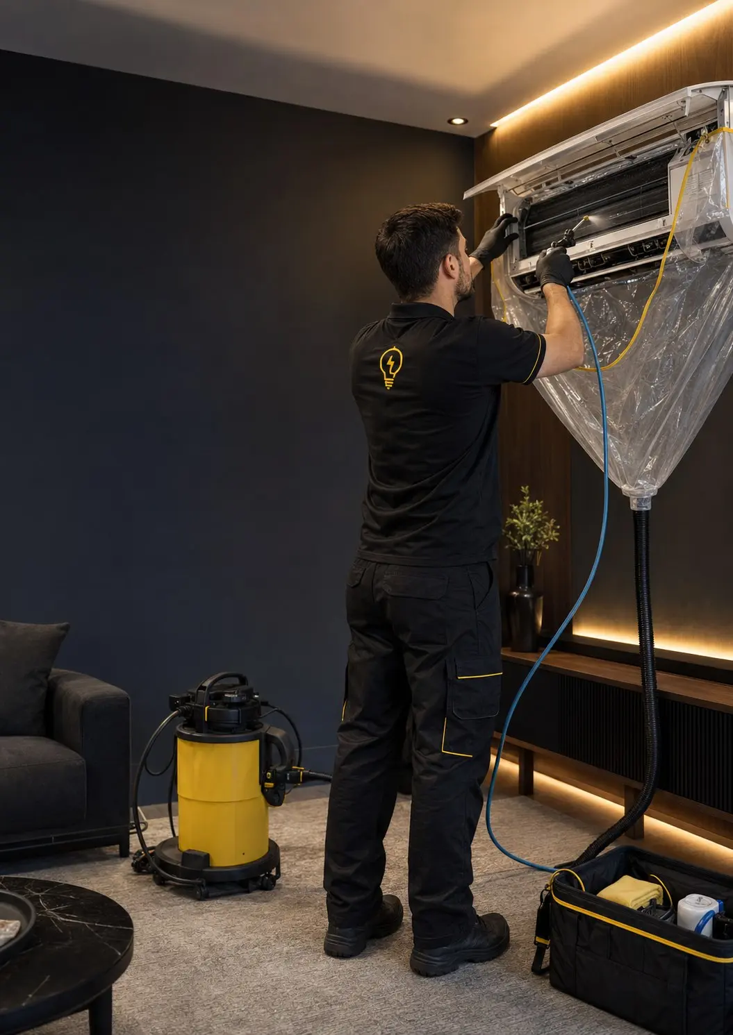 Técnico da Iluminar realizando a higienização interna de um ar-condicionado