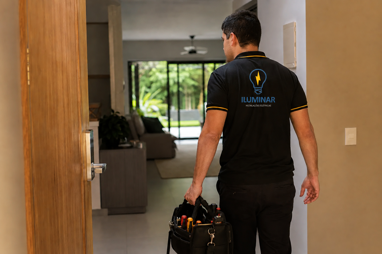 Técnico da Iluminar realizando atendimento residencial de instalação elétrica