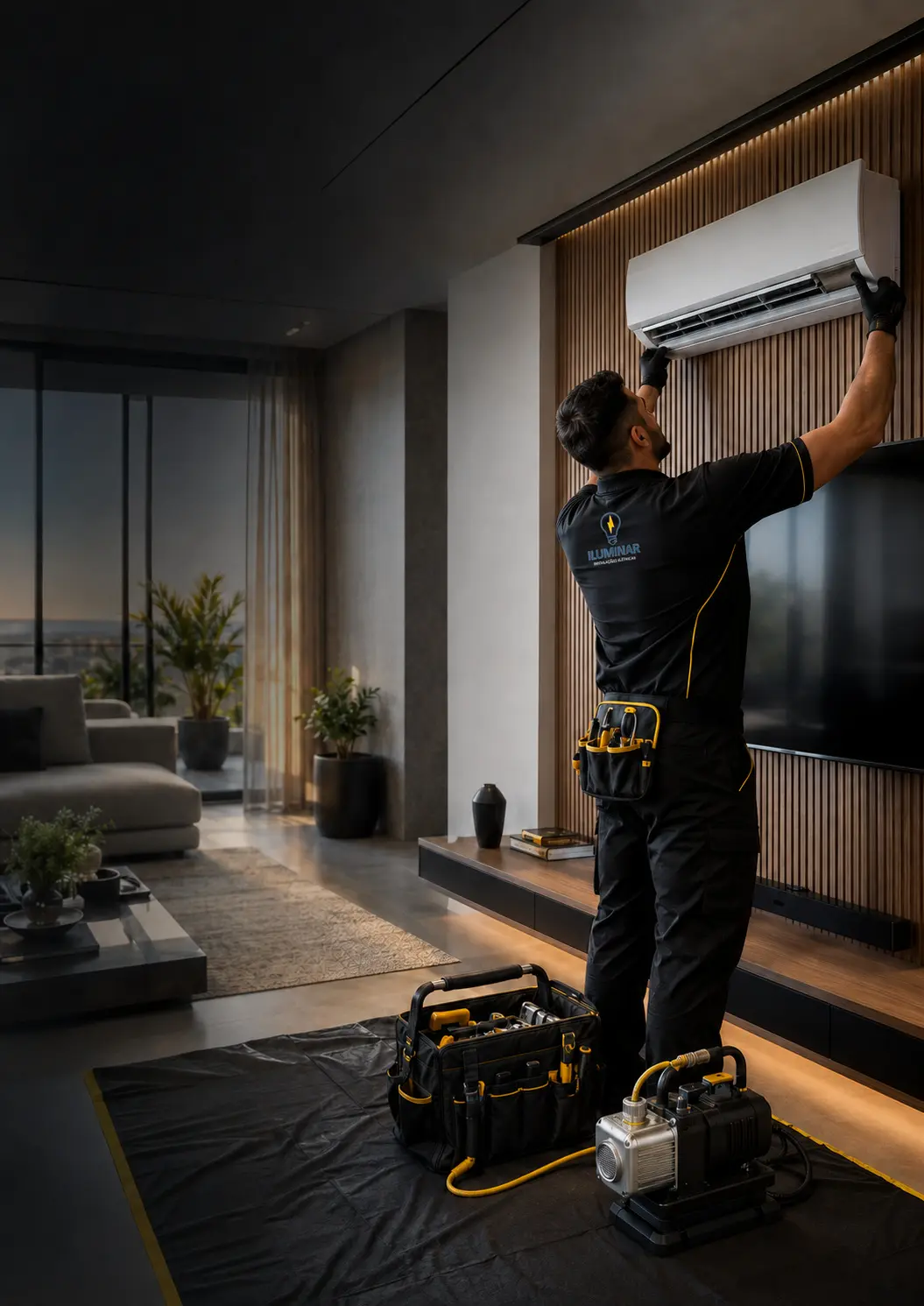 Técnico da Iluminar instalando um ar-condicionado em uma residência