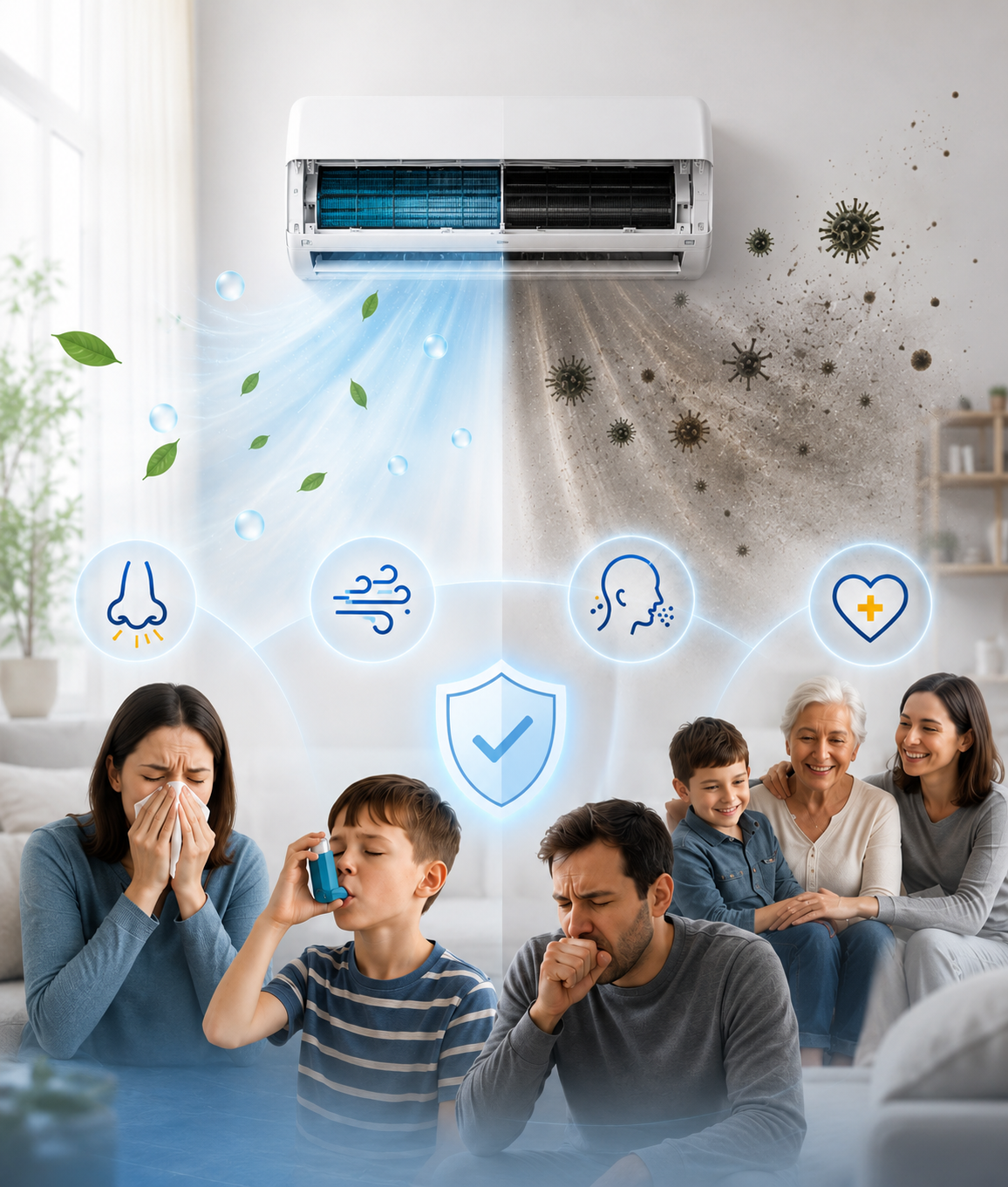 Comparação da parte interna de um ar-condicionado antes e depois da higienização