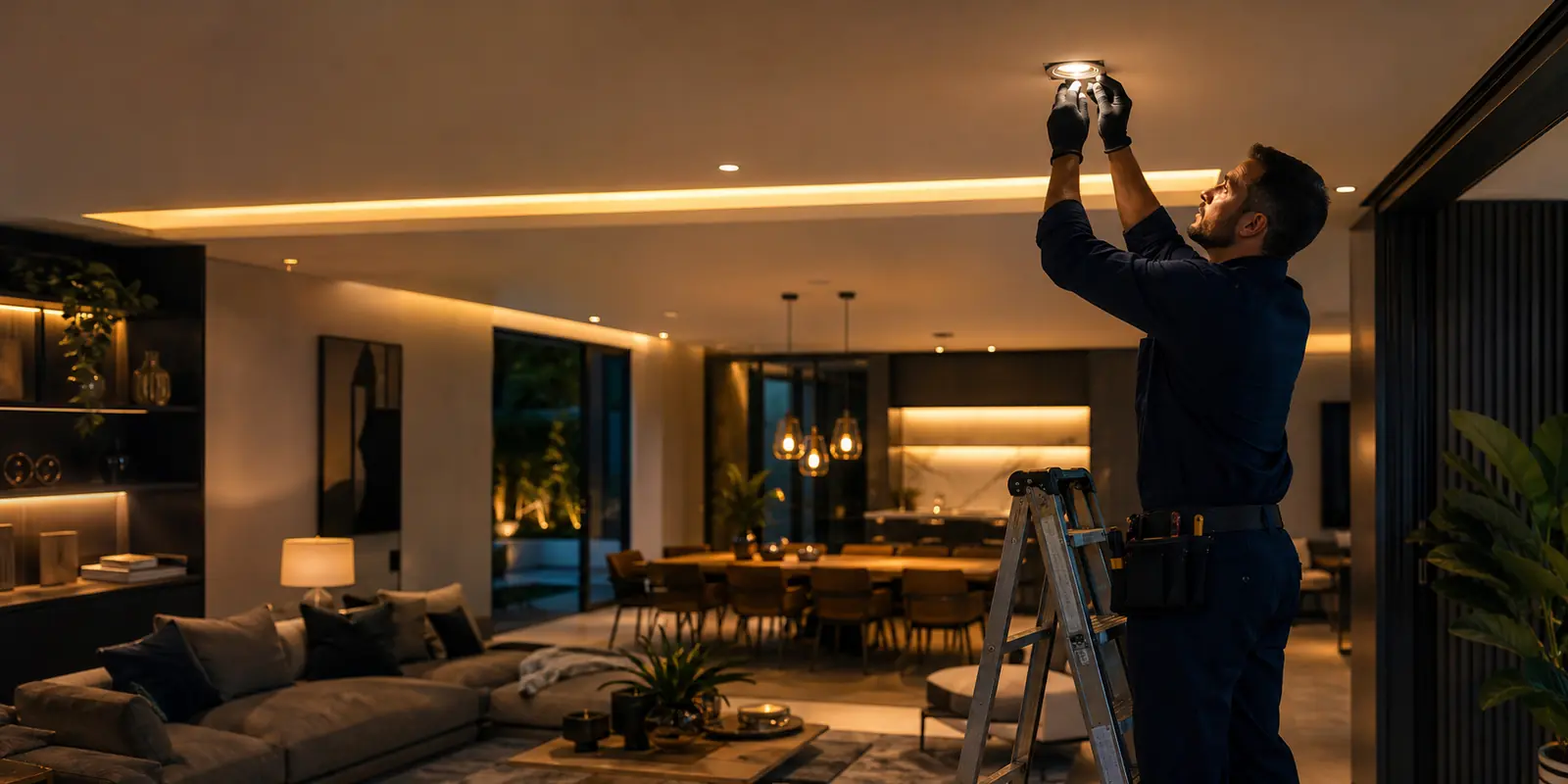 Eletricista instalando iluminação em uma residência contemporânea