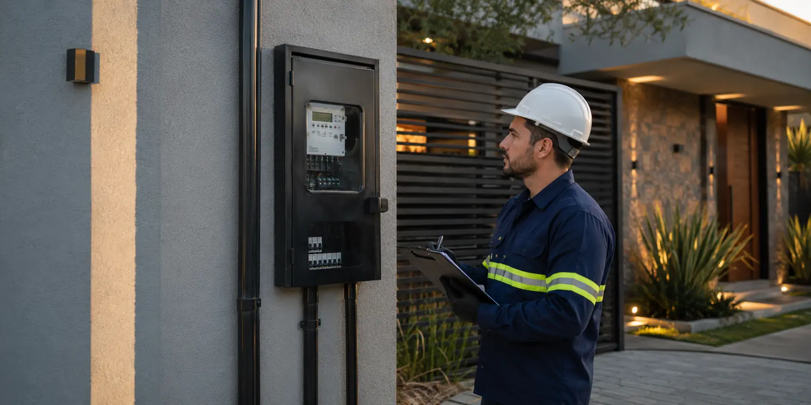 Profissional verificando o padrão de entrada de energia de uma residência