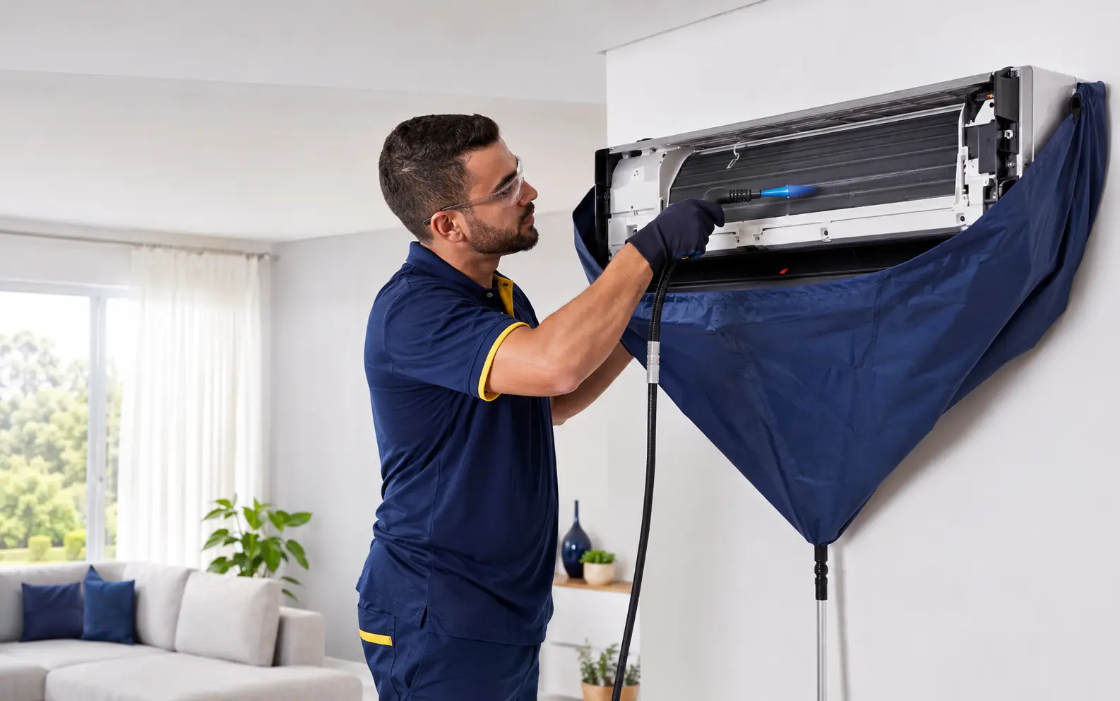 Técnico realizando a higienização preventiva de um ar-condicionado
