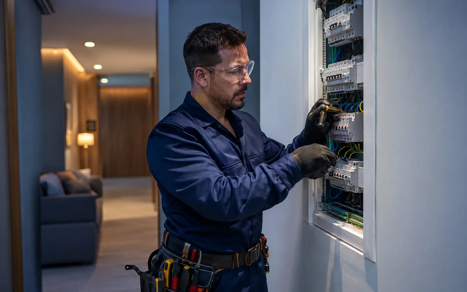 Eletricista realizando uma instalação elétrica residencial
