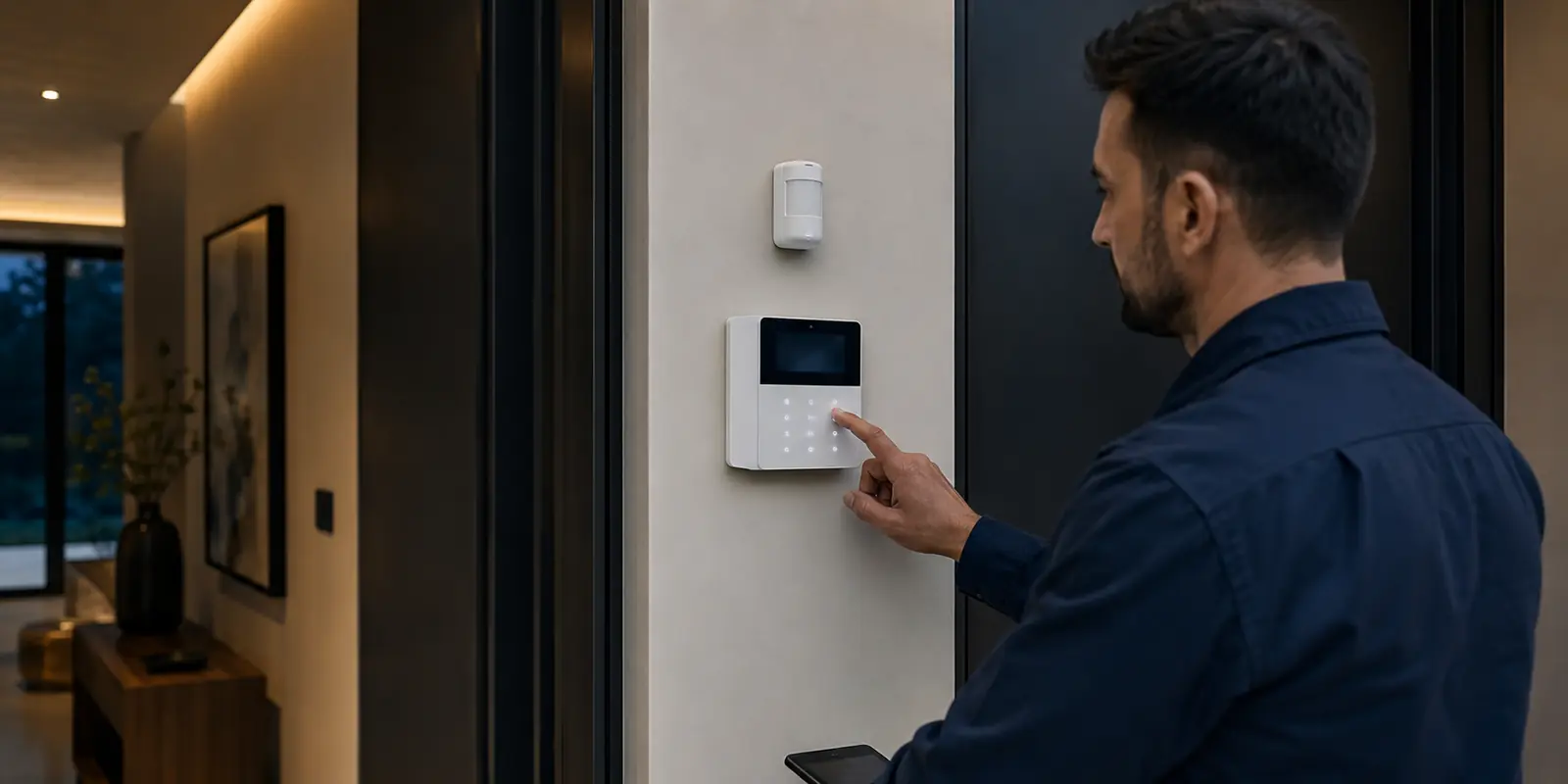 Profissional configurando o sistema de alarme de uma residência